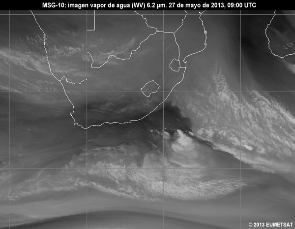 Animacin de imgenes MSG-10 vaper de agua (WV) de 6.2 m centradas en Sudfrica entre las 06 y las 12 UTC del 27 de mayo de 2013