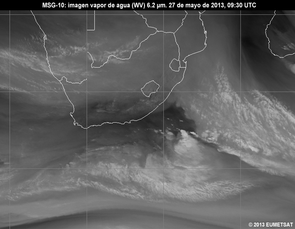 Animacin de imgenes MSG-10 vaper de agua (WV) de 6.2 m centradas en Sudfrica entre las 06 y las 12 UTC del 27 de mayo de 2013