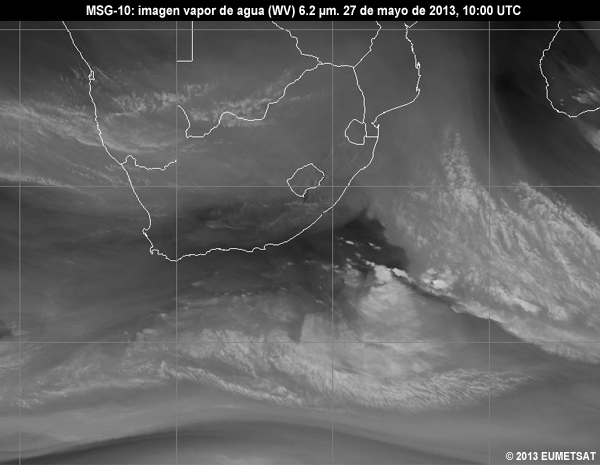 Animacin de imgenes MSG-10 vaper de agua (WV) de 6.2 m centradas en Sudfrica entre las 06 y las 12 UTC del 27 de mayo de 2013