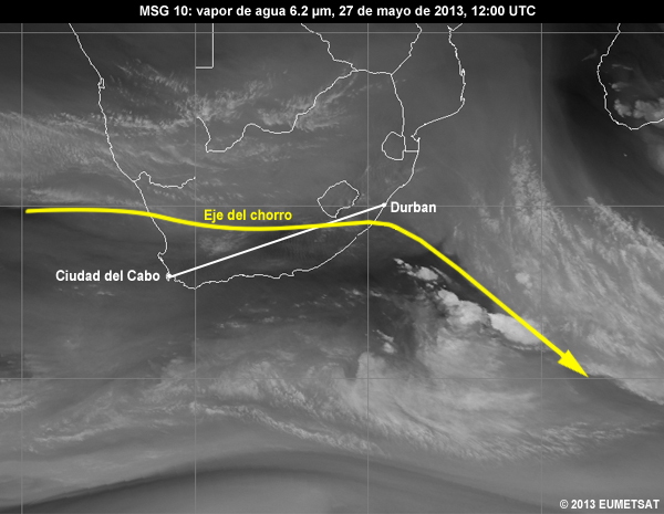 Animacin de imgenes MSG-10 vapor de agua (WV) de 6.2 m centradas en Sudfrica entre las 06 y las 12 UTC del 27 de mayo de 2013 anotada para mostrar el eje de la corriente en chorro y la ruta de vuelo para un ejercicio