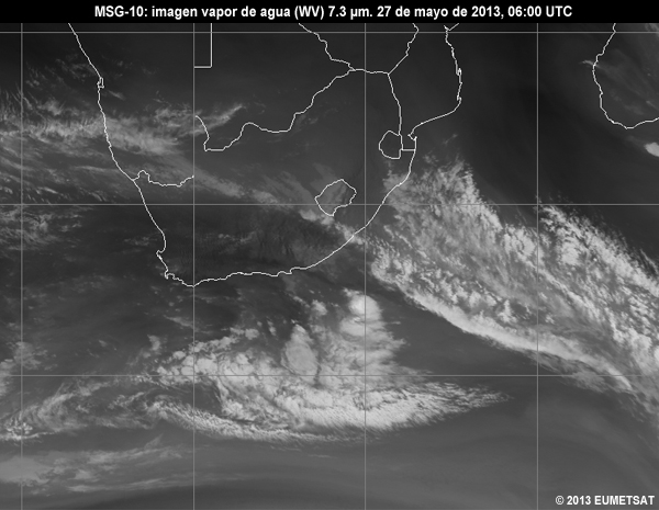 Animacin de imgenes MSG-10 vapor de agua (WV) de 7.3 m centradas en Sudfrica entre las 06 y las 12 UTC del 27 de mayo de 2013