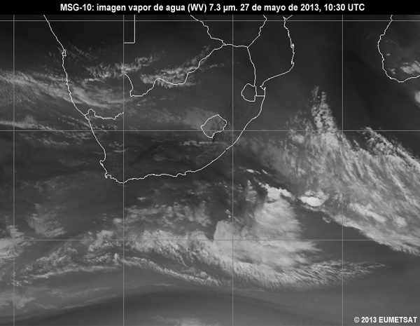 Animacin de imgenes MSG-10 vaper de agua (WV) de 7.3 m centradas en Sudfrica entre las 06 y las 12 UTC del 27 de mayo de 2013