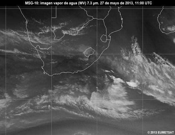 Animacin de imgenes MSG-10 vaper de agua (WV) de 7.3 m centradas en Sudfrica entre las 06 y las 12 UTC del 27 de mayo de 2013