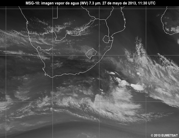 Animacin de imgenes MSG-10 vaper de agua (WV) de 7.3 m centradas en Sudfrica entre las 06 y las 12 UTC del 27 de mayo de 2013