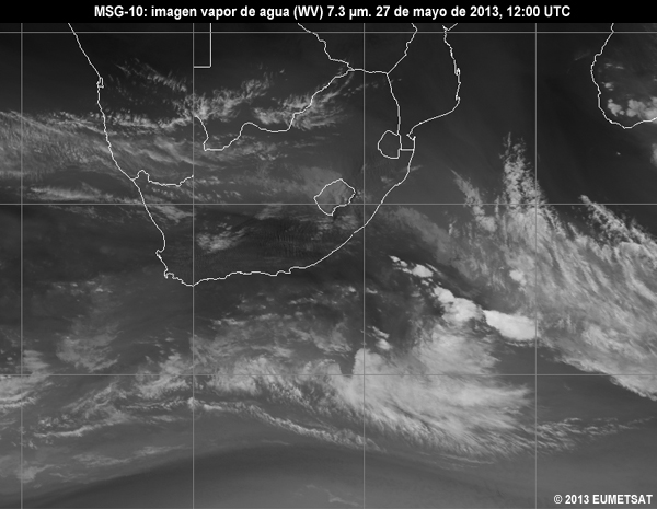 Animacin de imgenes MSG-10 vaper de agua (WV) de 7.3 m centradas en Sudfrica entre las 06 y las 12 UTC del 27 de mayo de 2013