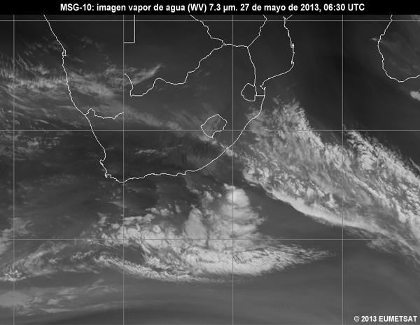 Animacin de imgenes MSG-10 vaper de agua (WV) de 7.3 m centradas en Sudfrica entre las 06 y las 12 UTC del 27 de mayo de 2013