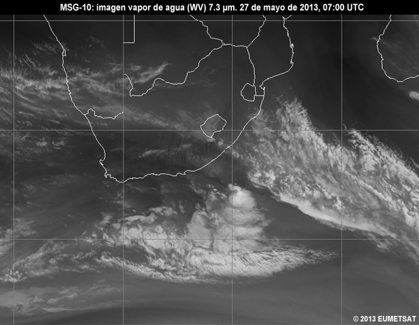 Animacin de imgenes MSG-10 vaper de agua (WV) de 7.3 m centradas en Sudfrica entre las 06 y las 12 UTC del 27 de mayo de 2013