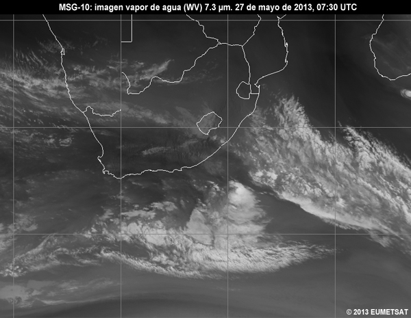 Animacin de imgenes MSG-10 vaper de agua (WV) de 7.3 m centradas en Sudfrica entre las 06 y las 12 UTC del 27 de mayo de 2013