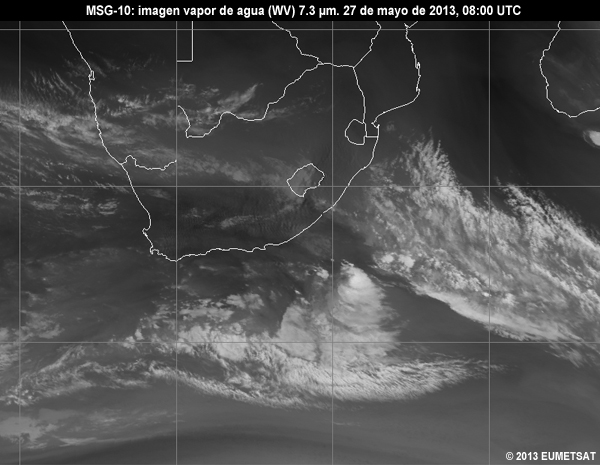 Animacin de imgenes MSG-10 vaper de agua (WV) de 7.3 m centradas en Sudfrica entre las 06 y las 12 UTC del 27 de mayo de 2013