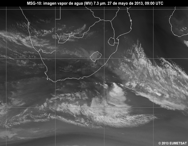 Animacin de imgenes MSG-10 vaper de agua (WV) de 7.3 m centradas en Sudfrica entre las 06 y las 12 UTC del 27 de mayo de 2013