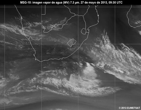 Animacin de imgenes MSG-10 vaper de agua (WV) de 7.3 m centradas en Sudfrica entre las 06 y las 12 UTC del 27 de mayo de 2013