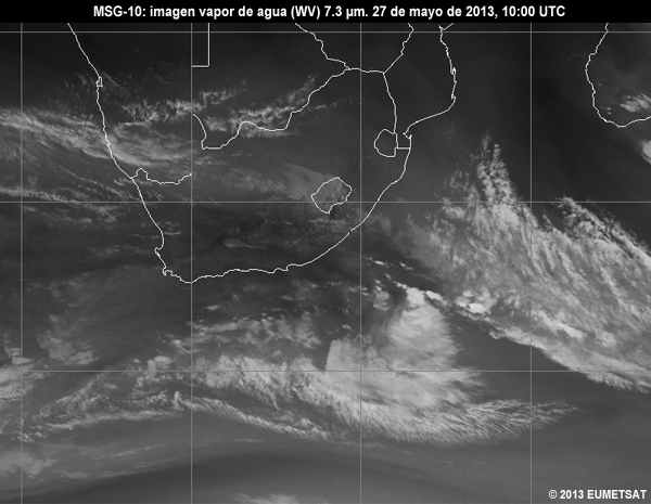 Animacin de imgenes MSG-10 vaper de agua (WV) de 7.3 m centradas en Sudfrica entre las 06 y las 12 UTC del 27 de mayo de 2013