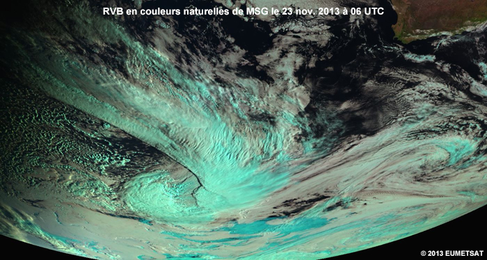 Image de jour en couleurs RVB naturelles de MSG au-dessus de lAtlantique Sud prs de lAfrique du Sud le 23 nov. 2013  06UTC