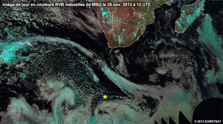 Image de jour en couleurs RVB naturelles de MSG montrant la rgion sud de lAfrique du Sud le 25nov. 2013  12UTC