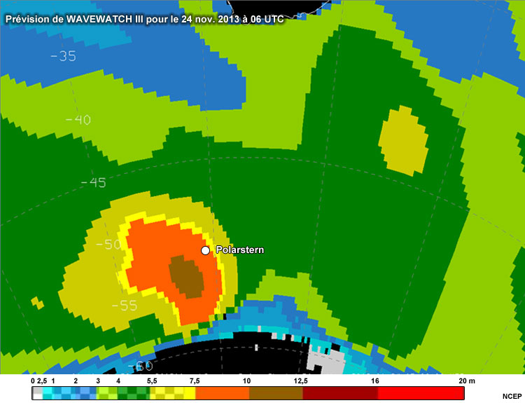 Prvision du modle WAVEWATCHIII pour le 24 novembre 2013  15UTC avec la position du Polarstern indique