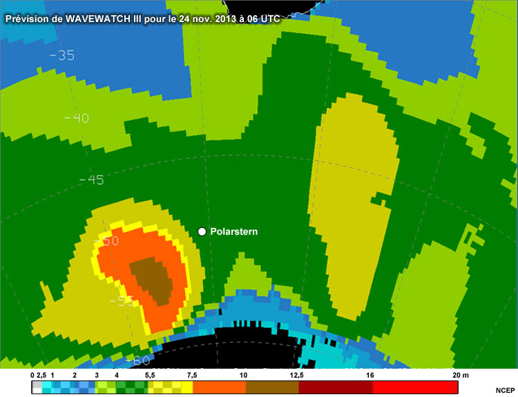 Prvision du modle WAVEWATCHIII pour le 24 novembre 2013  06UTC avec la position du Polarstern indique
