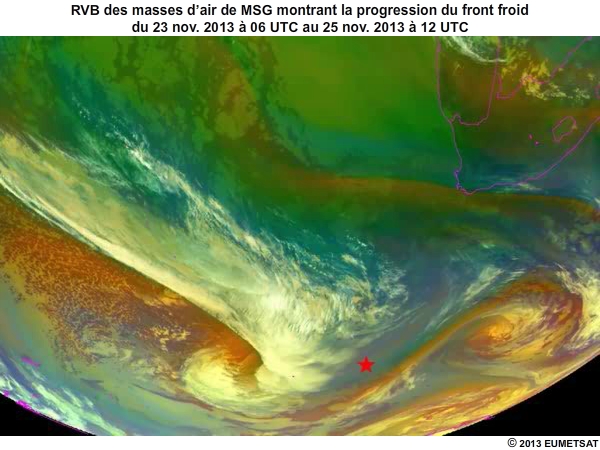 RVB des masses dair de MSG montrant la progression du front froid du 23 novembre  06UTC au 25 novembre  12UTC