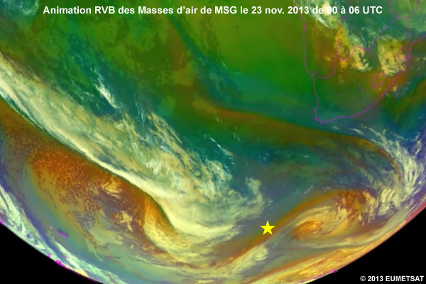 Animation RVB des masses dair de MSG au-dessus de lAtlantique Sud prs de lAfrique du Sud le 23 nov. 2013 de 00  06UTC