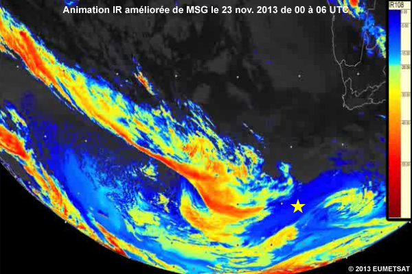 Animation IR amliore de MSG au-dessus de lAtlantique Sud prs de lAfrique du Sud le 23 nov. 2013 de 00  06UTC