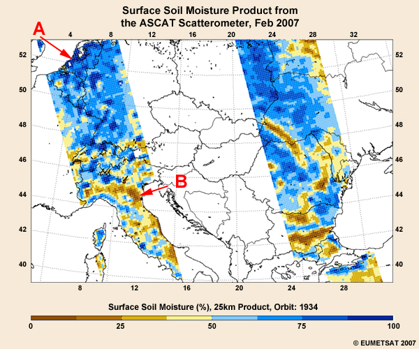 ASCAT soil moisture product for February 2007 showing the moisture content of 5 cm of the topsoil layer in relative units ranging from 0 (dry) to 100% (saturated) over east and west Europe