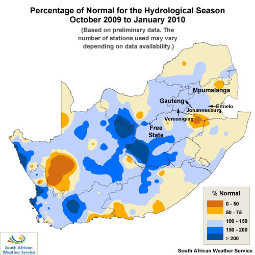 Provincial seasonal rainfall map showing the percentage of normal for the 2009/2010 hydrological season in South Africa