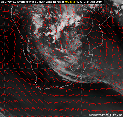 EUMETSAT water vapour 6.2 micrometer image overlaid with ECMWF 700-hPa wind field for 12 UTC 21 Jan 2010