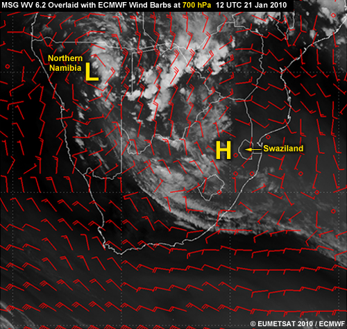 EUMETSAT water vapour 6.2 micrometer image overlaid with ECMWF 700-hPa wind field for 12 UTC 21 Jan 2010