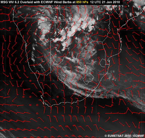 EUMETSAT water vapour 6.2 micrometer image overlaid with ECMWF 850-hPa wind field for 12 UTC 21 Jan 2010