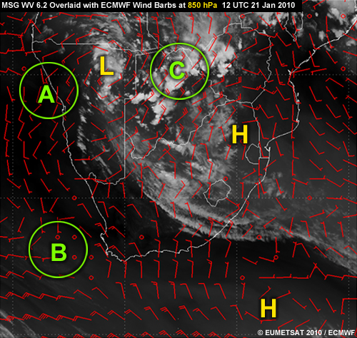 EUMETSAT water vapour 6.2 micrometer image overlaid with ECMWF 850-hPa wind field for 12 UTC 21 Jan 2010 with highs and lows labeled and other areas highlighted for an interactive exercise