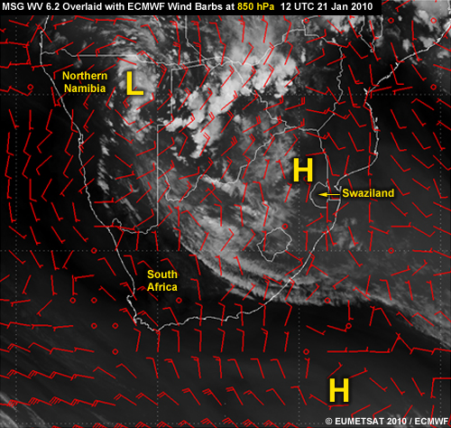 EUMETSAT water vapour 6.2 micrometer image overlaid with ECMWF 850-hPa wind field for 12 UTC 21 Jan 2010