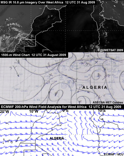 Montage of types of weather products over West Africa (EUMESAT satellite image, hard-drawn 1500 m wind chart, and ECMWF 200-hPa wind field analysis)