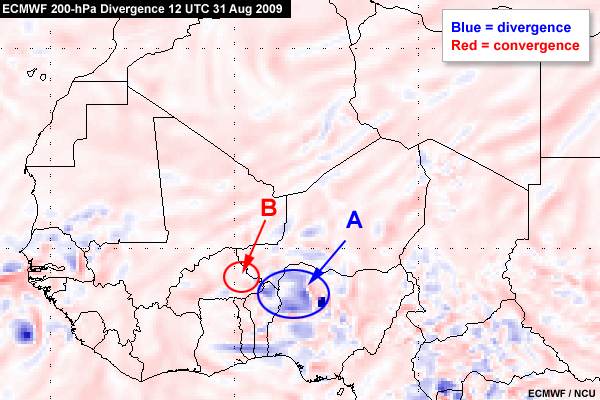 ECMWF 200-hPa Divergence Chart over West Africa at 12 UTC 31 Aug 2009