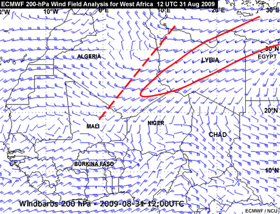 ECMWF 200-hPa Wind Field Over West Africa, 12 UTC 31 Aug 2009 with features marked as part of an exercise