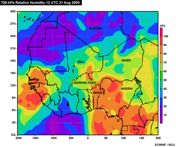ECMWF 700-hPa Relative Humidity Field Over West Africa at 12 UTC 31 Aug 2009
