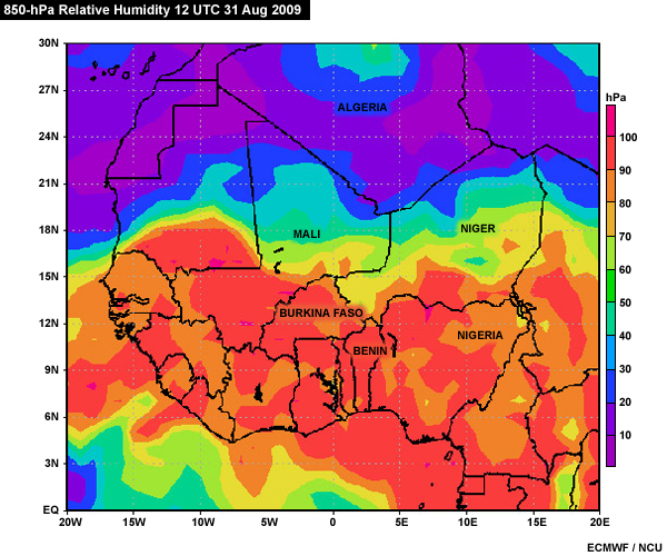 ECMWF 850-hPa Relative Humidity Field Over West Africa at 12 UTC 31 Aug 2009