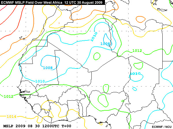 ECMWF MSLP field over West Africa for 12 UTC 30 August 2009 