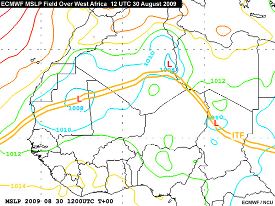 ECMWF MSLP field over West Africa for 12 UTC 30 August 2009 