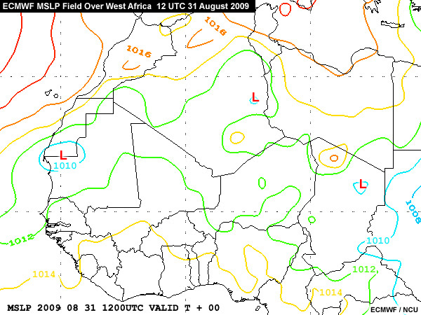 ECMWF MSLP field over West Africa for 12 UTC 31 August 2009 