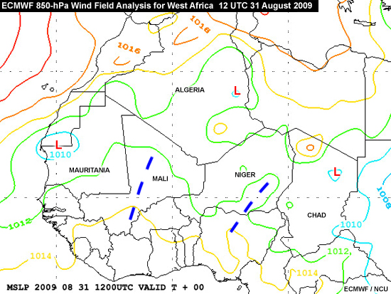 ECMWF MSLP field over West Africa for 12 UTC 31 August 2009 