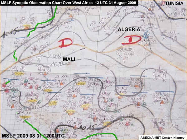 Hand-drawn MSLP synoptic observation chart for 12 UTC 31 August 2009 over West Africa 