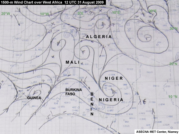 Hand-drawn 1500m Wind Chart Over West Africa for 12 UTC 31 August 2009 
