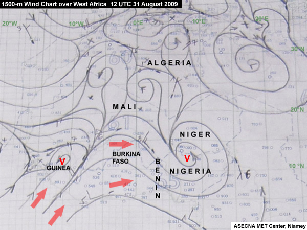 Hand-drawn 1500 m Wind Chart Over West Africa for 12 UTC 31 August 2009 