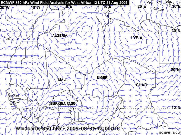 ECMWF 850-hPa wind field analysis for West Africa at 12 UTC 31 Aug 2009 