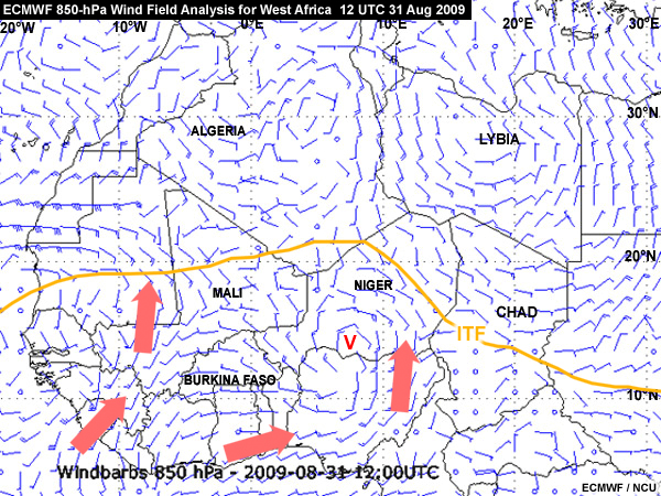ECMWF 850-hPa wind field analysis for West Africa at 12 UTC 31 Aug 2009