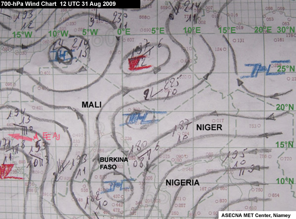 Hand-drawn 700-hPa wind chart for 12 UTC Aug 31 2009 over West Africa