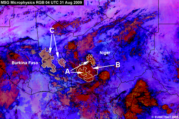 MSG Microphysics RGB over north and west Africa 04 UTC 31 Aug 2009