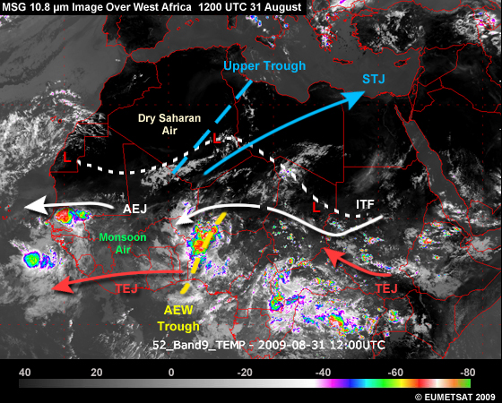 MSG IR 10.8 µm Over West Africa at 12 UTC 31 Aug 2009 with the features labelled on the image