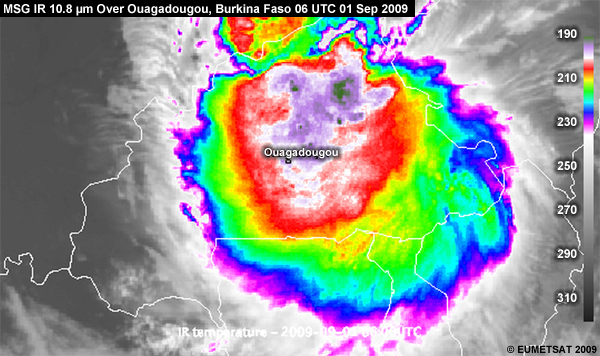 MSG IR 10.8 µm Showing Convection over Ouagadougou, Burkina Faso, 06 UTC 01 Sep 2009