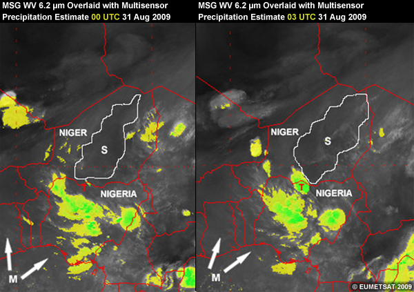 Two MSG water vapor 6.2 micrometer channel images overlaid with a multisensor precipitation estimate for 31 Aug 2009 at 00 and 03 UTC over West Africa