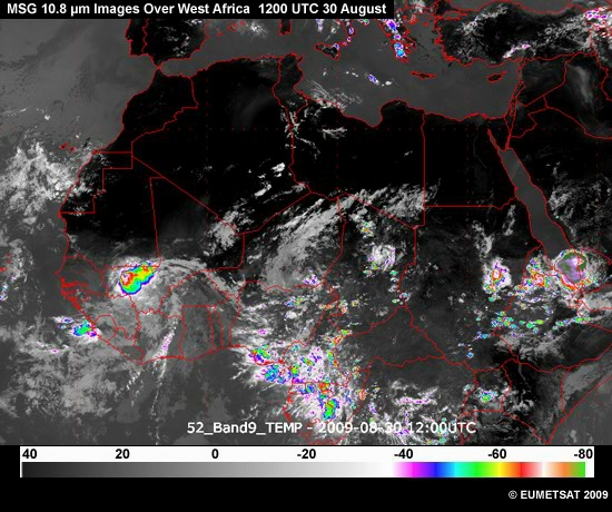 Animation of MSG 10.8 micrometer images over West Africa from 12 UTC 30 August to 12 UTC 31 August 2009